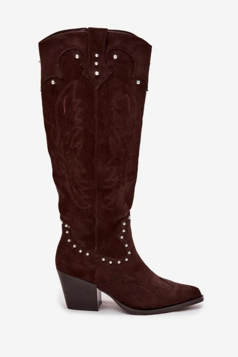 Kozaki Na Słupku|Kozaki Na Obcasie>Boto Damskie Kozaki Kowbojki Ze Zdobieniem Na Słupku Czekoladowe Darella Brązowy