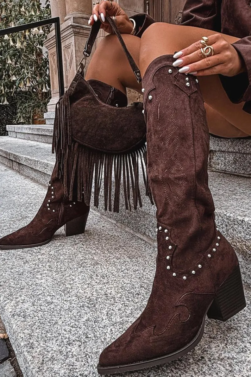 Kozaki Na Słupku|Kozaki Na Obcasie>Boto Damskie Kozaki Kowbojki Ze Zdobieniem Na Słupku Czekoladowe Darella Brązowy