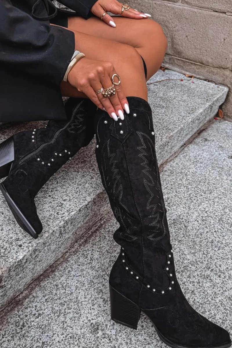 Outlet Boto Damskie Kozaki Kowbojki Ze Zdobieniem Na Słupku Czarne Darella Czarny