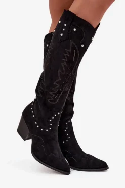 Outlet Boto Damskie Kozaki Kowbojki Ze Zdobieniem Na Słupku Czarne Darella Czarny