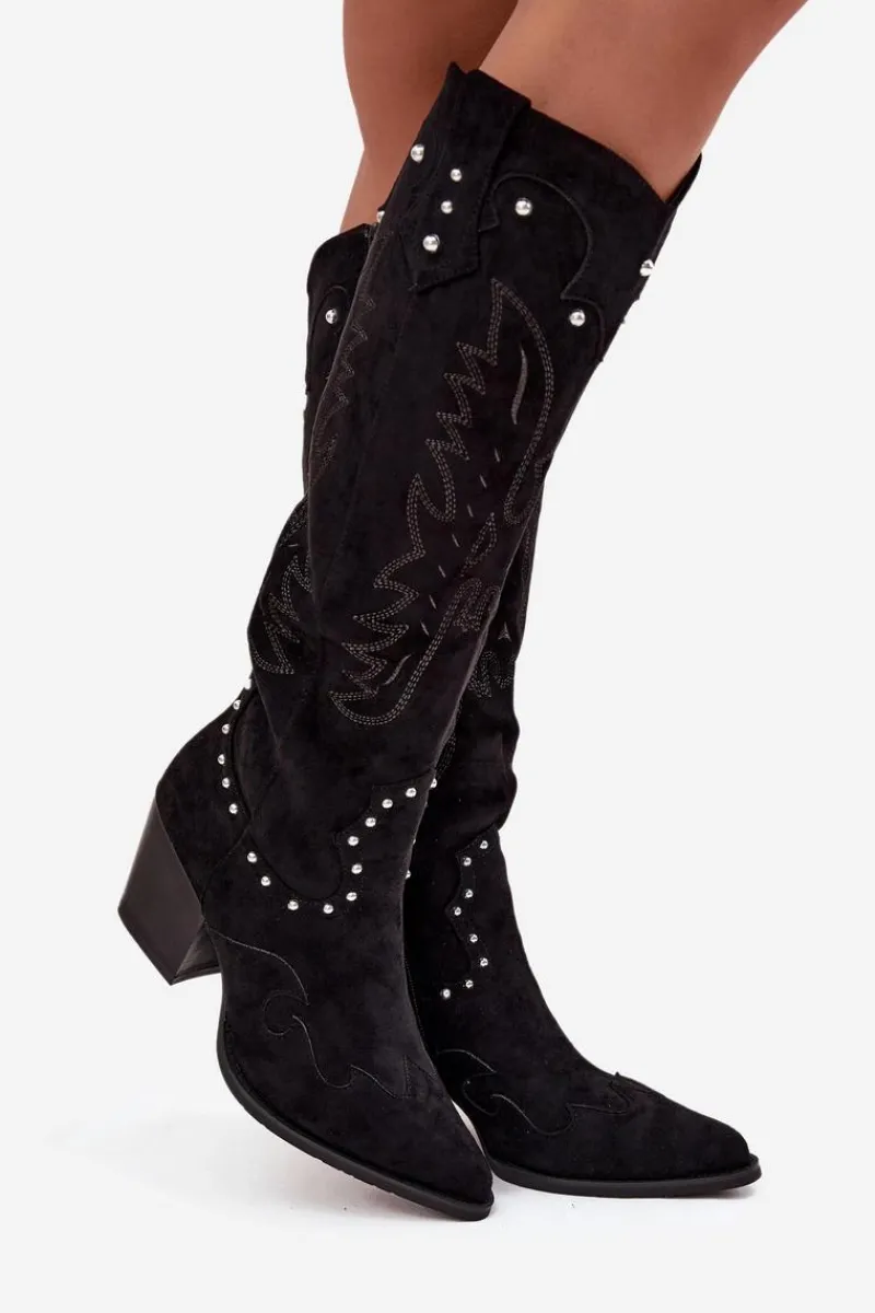 Outlet Boto Damskie Kozaki Kowbojki Ze Zdobieniem Na Słupku Czarne Darella Czarny