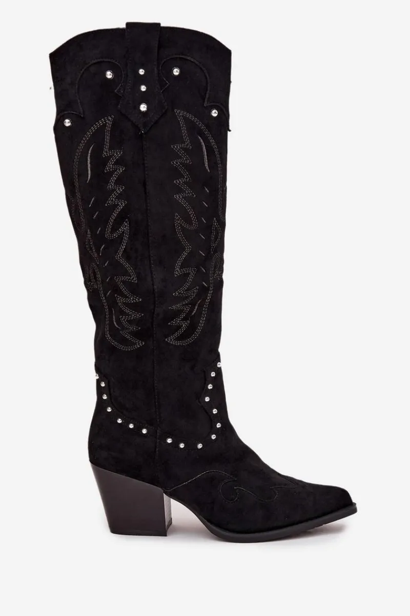 Outlet Boto Damskie Kozaki Kowbojki Ze Zdobieniem Na Słupku Czarne Darella Czarny