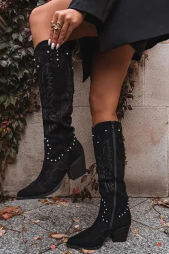 Outlet Boto Damskie Kozaki Kowbojki Ze Zdobieniem Na Słupku Czarne Darella Czarny