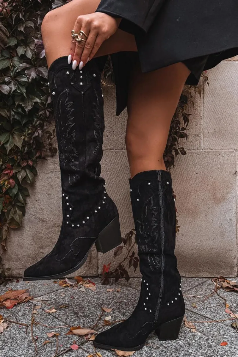 Outlet Boto Damskie Kozaki Kowbojki Ze Zdobieniem Na Słupku Czarne Darella Czarny