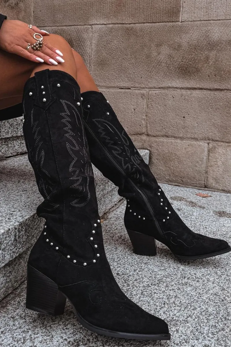 Outlet Boto Damskie Kozaki Kowbojki Ze Zdobieniem Na Słupku Czarne Darella Czarny