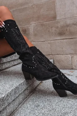 Outlet Boto Damskie Kozaki Kowbojki Ze Zdobieniem Na Słupku Czarne Darella Czarny