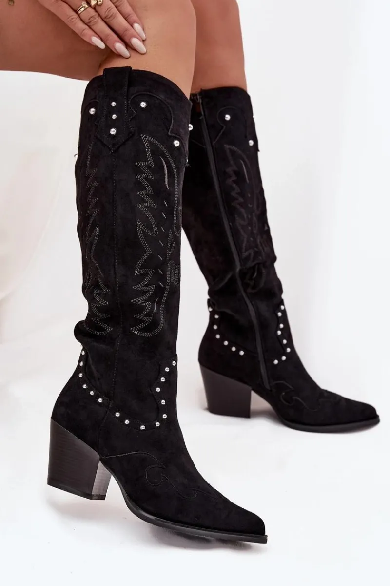 Outlet Boto Damskie Kozaki Kowbojki Ze Zdobieniem Na Słupku Czarne Darella Czarny