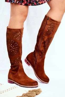 Damskie Kozaki Skórzane Ażurowe Camel 04525-29 Damskie Kozaki Wiosenne|Kozaki Ażurowe