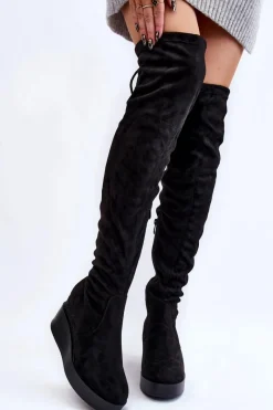 Outlet Damskie Kozaki Muszkieterki Na Koturnie Czarne Elori Damskie Muszkieterki|Kozaki Wiosenne