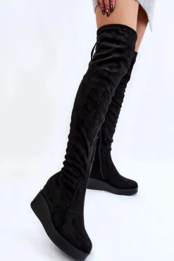 Outlet Damskie Kozaki Muszkieterki Na Koturnie Czarne Elori Damskie Muszkieterki|Kozaki Wiosenne