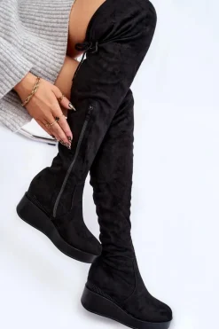 Outlet Damskie Kozaki Muszkieterki Na Koturnie Czarne Elori Damskie Muszkieterki|Kozaki Wiosenne