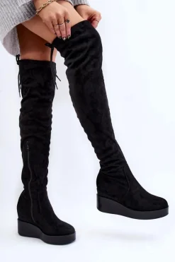 Outlet Damskie Kozaki Muszkieterki Na Koturnie Czarne Elori Damskie Muszkieterki|Kozaki Wiosenne