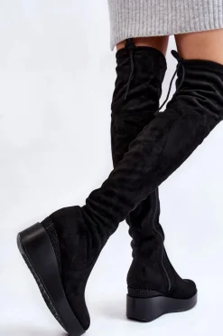 Outlet Damskie Kozaki Muszkieterki Na Koturnie Czarne Elori Damskie Muszkieterki|Kozaki Wiosenne