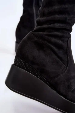 Outlet Damskie Kozaki Muszkieterki Na Koturnie Czarne Elori Damskie Muszkieterki|Kozaki Wiosenne