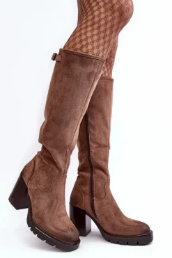 Sale Buty damskie Vinceza Damskie Kozaki Na Masywnym Słupku Ocieplane Ciemnobeżowe Alzeta