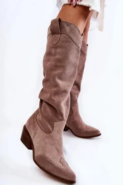 New Damskie Kozaki Na Obcasie Lewski Shoes 3235 Cappucino Damskie Kozaki Wiosenne|Kozaki Przed Kolano