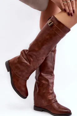 Best Boto Damskie Kozaki Na Płaskim Obcasie Z Marszczoną Cholewką Brązowe Tercella