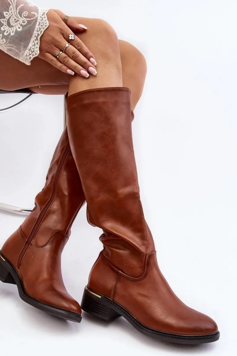 Outlet Boto Damskie Kozaki Na Płaskim Obcasie Przed Kolano Brązowe Aviare