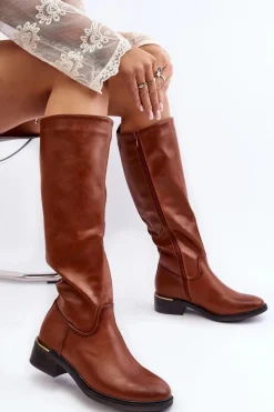 Outlet Boto Damskie Kozaki Na Płaskim Obcasie Przed Kolano Brązowe Aviare