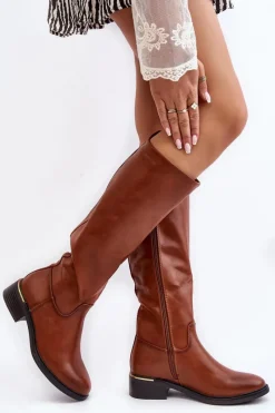 Outlet Boto Damskie Kozaki Na Płaskim Obcasie Przed Kolano Brązowe Aviare