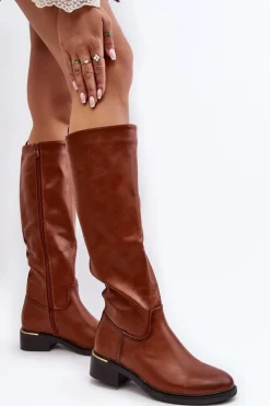 Outlet Boto Damskie Kozaki Na Płaskim Obcasie Przed Kolano Brązowe Aviare