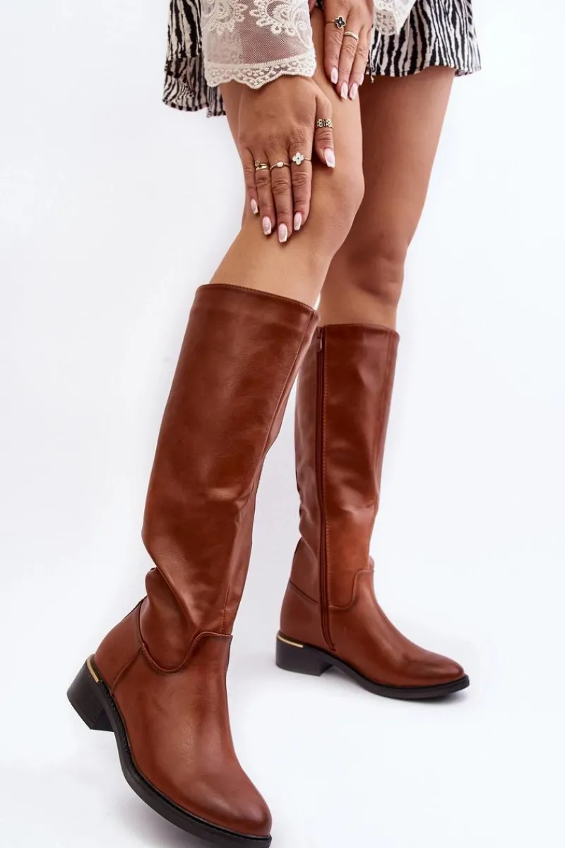 Outlet Boto Damskie Kozaki Na Płaskim Obcasie Przed Kolano Brązowe Aviare