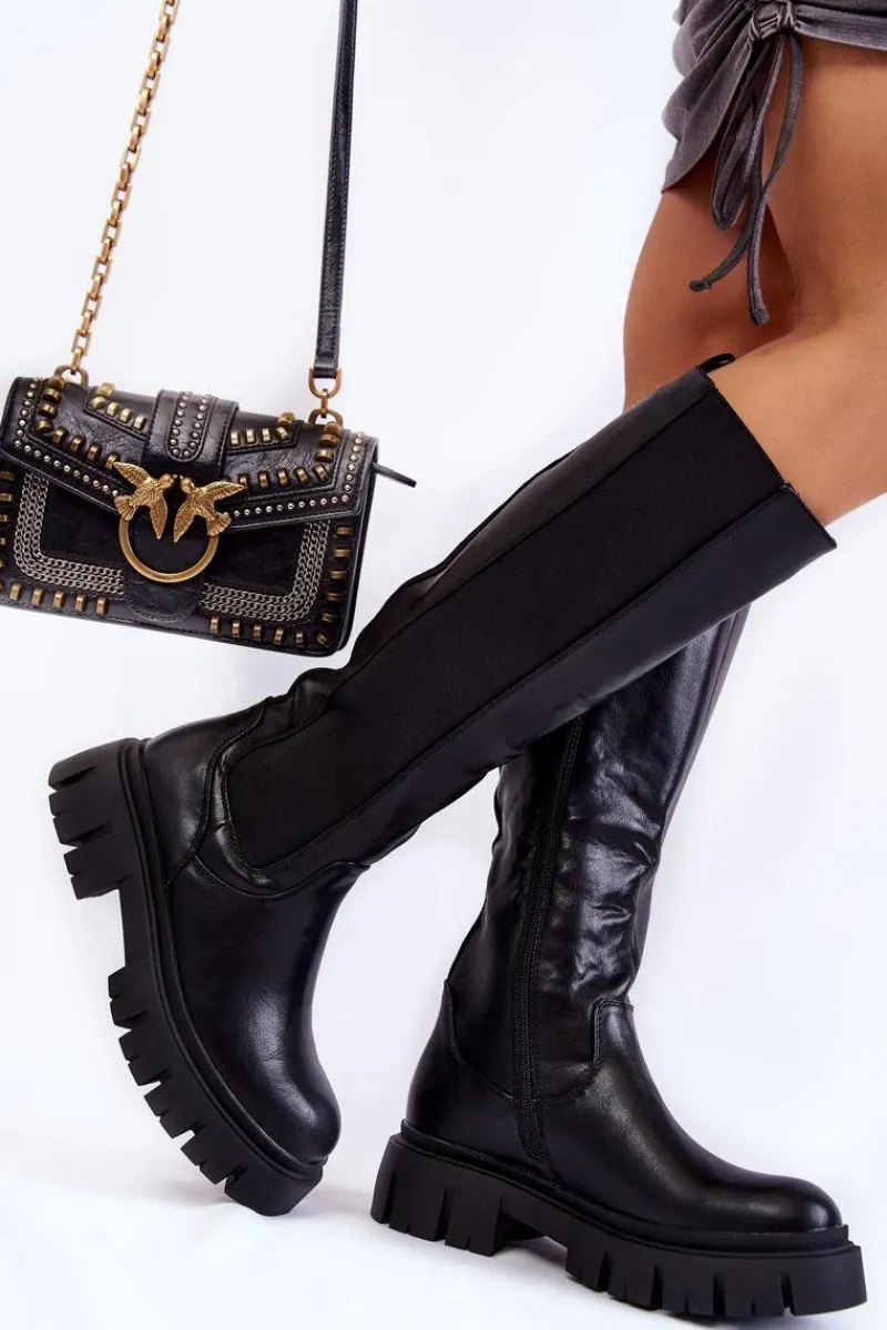 Hot Evento Damskie Kozaki Na Platformie Do Kolana Czarne Milania