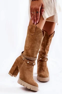 Kozaki Wiosenne|Kozaki Przed Kolano>Boto Damskie Kozaki Na Słupku Lewski Shoes 3246 Beżowe