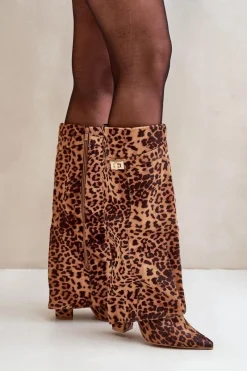 Kozaki Na Słupku|Kozaki Na Obcasie>Boto Damskie Kozaki Na Słupku Przed Kolano Panterka Brązowe Portora Brązowy