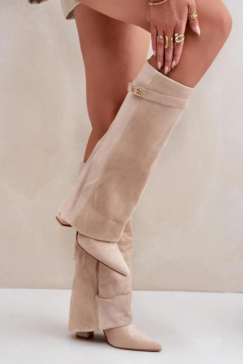 Kozaki Wiosenne|Kozaki Przed Kolano>Boto Damskie Kozaki Na Słupku Przed Kolano Jasnobeżowe Portora