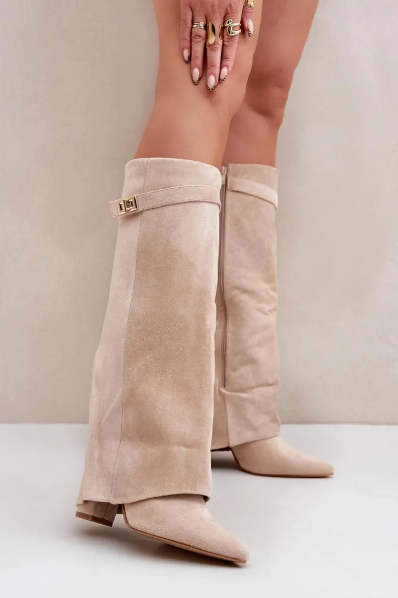 Kozaki Wiosenne|Kozaki Przed Kolano>Boto Damskie Kozaki Na Słupku Przed Kolano Jasnobeżowe Portora