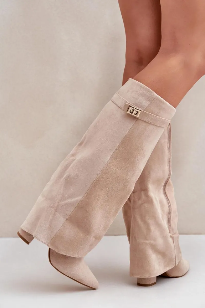 Kozaki Wiosenne|Kozaki Przed Kolano>Boto Damskie Kozaki Na Słupku Przed Kolano Jasnobeżowe Portora