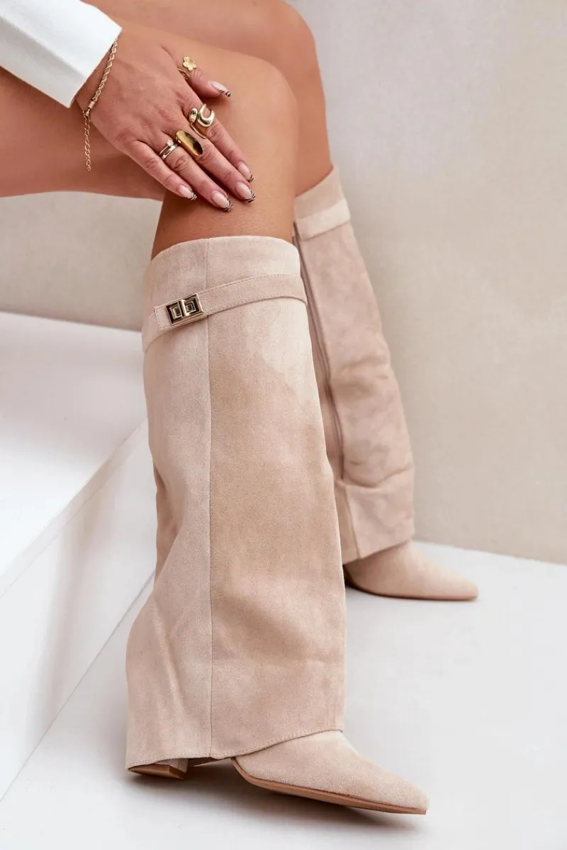 Kozaki Wiosenne|Kozaki Przed Kolano>Boto Damskie Kozaki Na Słupku Przed Kolano Jasnobeżowe Portora