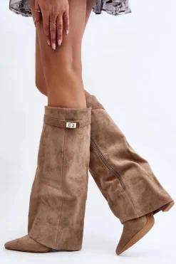 Hot Damskie Kozaki Na Słupku Przed Kolano Beżowe Portora Damskie Kozaki Wiosenne|Kozaki Przed Kolano
