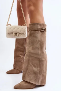 Hot Damskie Kozaki Na Słupku Przed Kolano Beżowe Portora Damskie Kozaki Wiosenne|Kozaki Przed Kolano