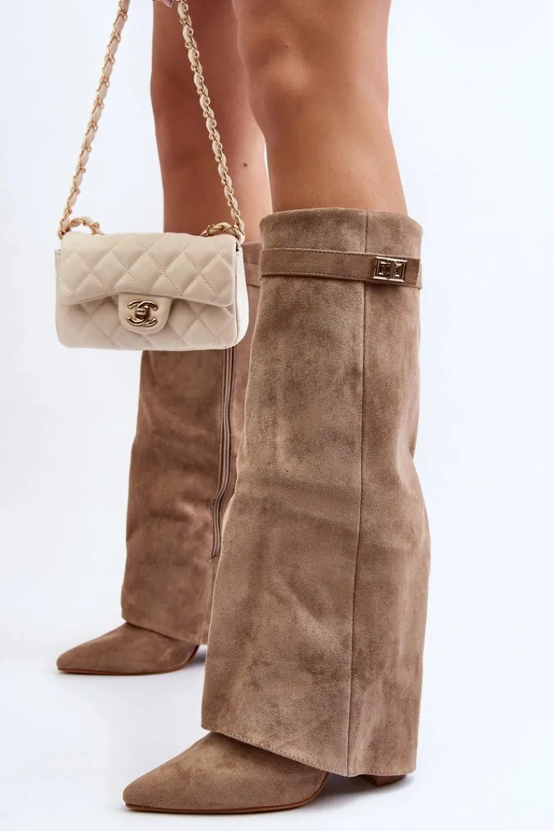 Hot Damskie Kozaki Na Słupku Przed Kolano Beżowe Portora Damskie Kozaki Wiosenne|Kozaki Przed Kolano