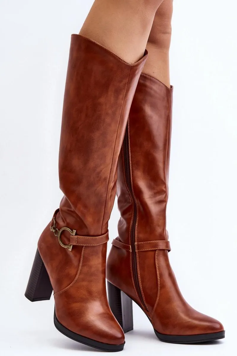 Online Boto Damskie Kozaki Na Słupku Z Ozdobą Przed Kolano Camel Rahallis