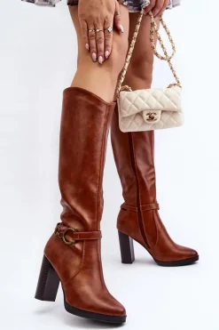 Online Boto Damskie Kozaki Na Słupku Z Ozdobą Przed Kolano Camel Rahallis