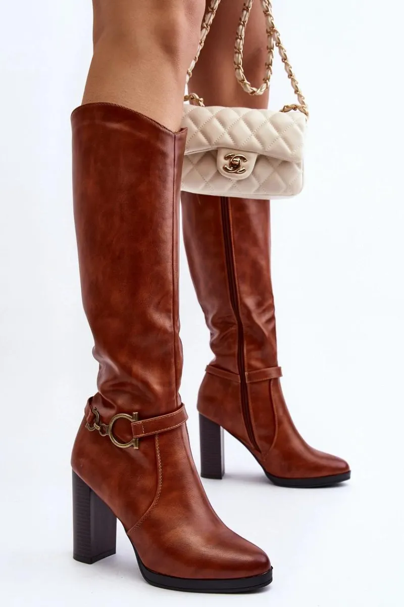 Online Boto Damskie Kozaki Na Słupku Z Ozdobą Przed Kolano Camel Rahallis