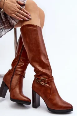 Online Boto Damskie Kozaki Na Słupku Z Ozdobą Przed Kolano Camel Rahallis