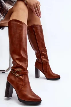 Online Boto Damskie Kozaki Na Słupku Z Ozdobą Przed Kolano Camel Rahallis