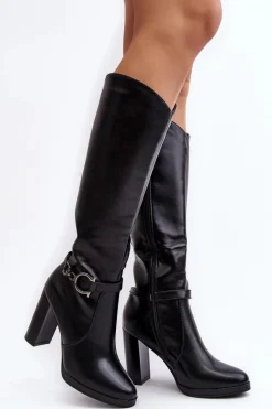 Clearance Damskie Kozaki Na Słupku Z Ozdobą Przed Kolano Czarne Rahallis Damskie Kozaki Przed Kolano|Kozaki Na Obcasie