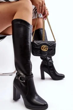 Clearance Damskie Kozaki Na Słupku Z Ozdobą Przed Kolano Czarne Rahallis Damskie Kozaki Przed Kolano|Kozaki Na Obcasie