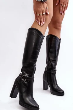 Clearance Damskie Kozaki Na Słupku Z Ozdobą Przed Kolano Czarne Rahallis Damskie Kozaki Przed Kolano|Kozaki Na Obcasie