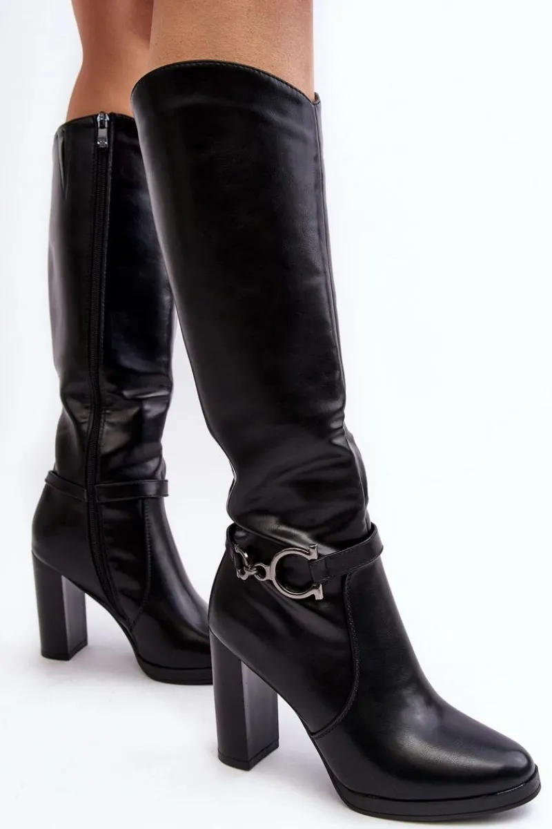 Clearance Damskie Kozaki Na Słupku Z Ozdobą Przed Kolano Czarne Rahallis Damskie Kozaki Przed Kolano|Kozaki Na Obcasie