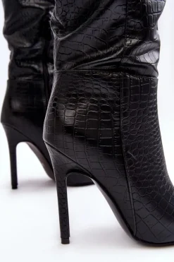 Sale Boto Damskie Kozaki Na Szpilce Zwierzęcy Wzór Czarne Mambra