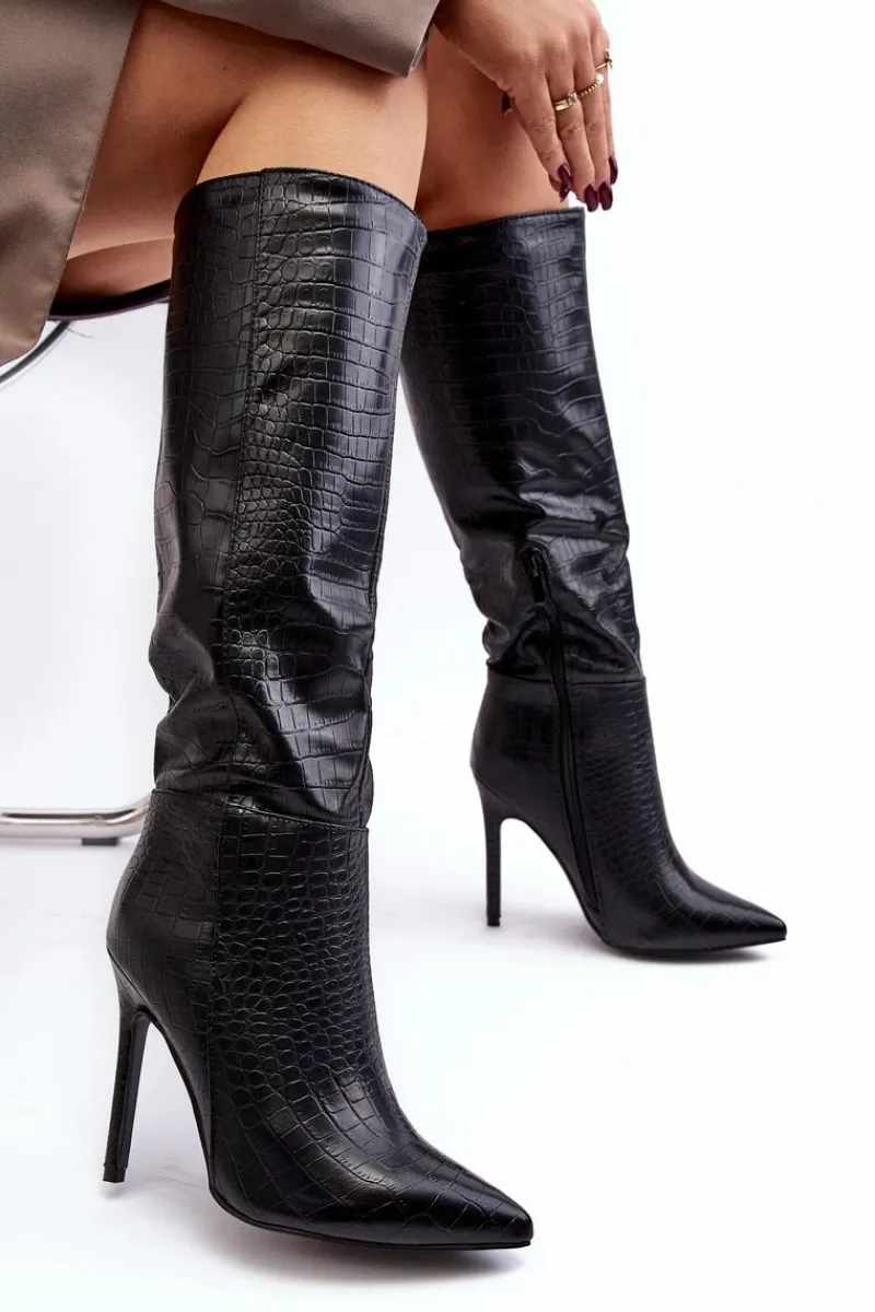 Sale Boto Damskie Kozaki Na Szpilce Zwierzęcy Wzór Czarne Mambra