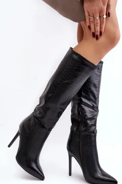 Sale Boto Damskie Kozaki Na Szpilce Zwierzęcy Wzór Czarne Mambra