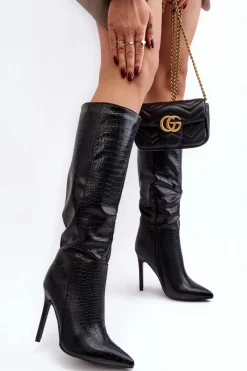 Sale Boto Damskie Kozaki Na Szpilce Zwierzęcy Wzór Czarne Mambra