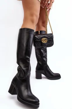 Outlet Boto Damskie Kozaki Ocieplane Na Słupku Czarne Theisen